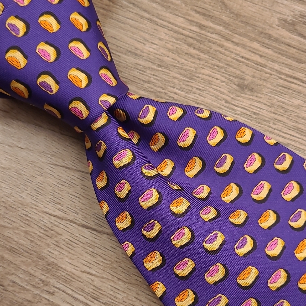 SINE DIE Purple Blue Whimsical Jelly Pastries Pattern Mens Silk Tie - Picture 1 of 6